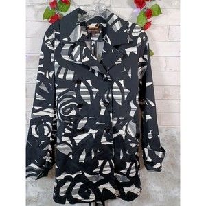 Dana Buchman Coat Windbreaker Belted M Jacket Black Abstract Print